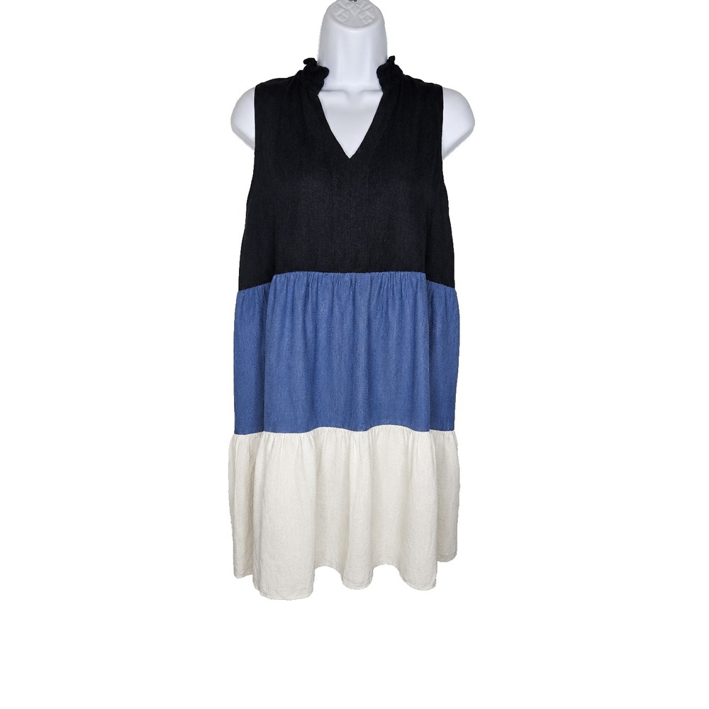 52seven Womens 10P Linen Blend Colorblock Dress Coastal Lagenlook Boho
